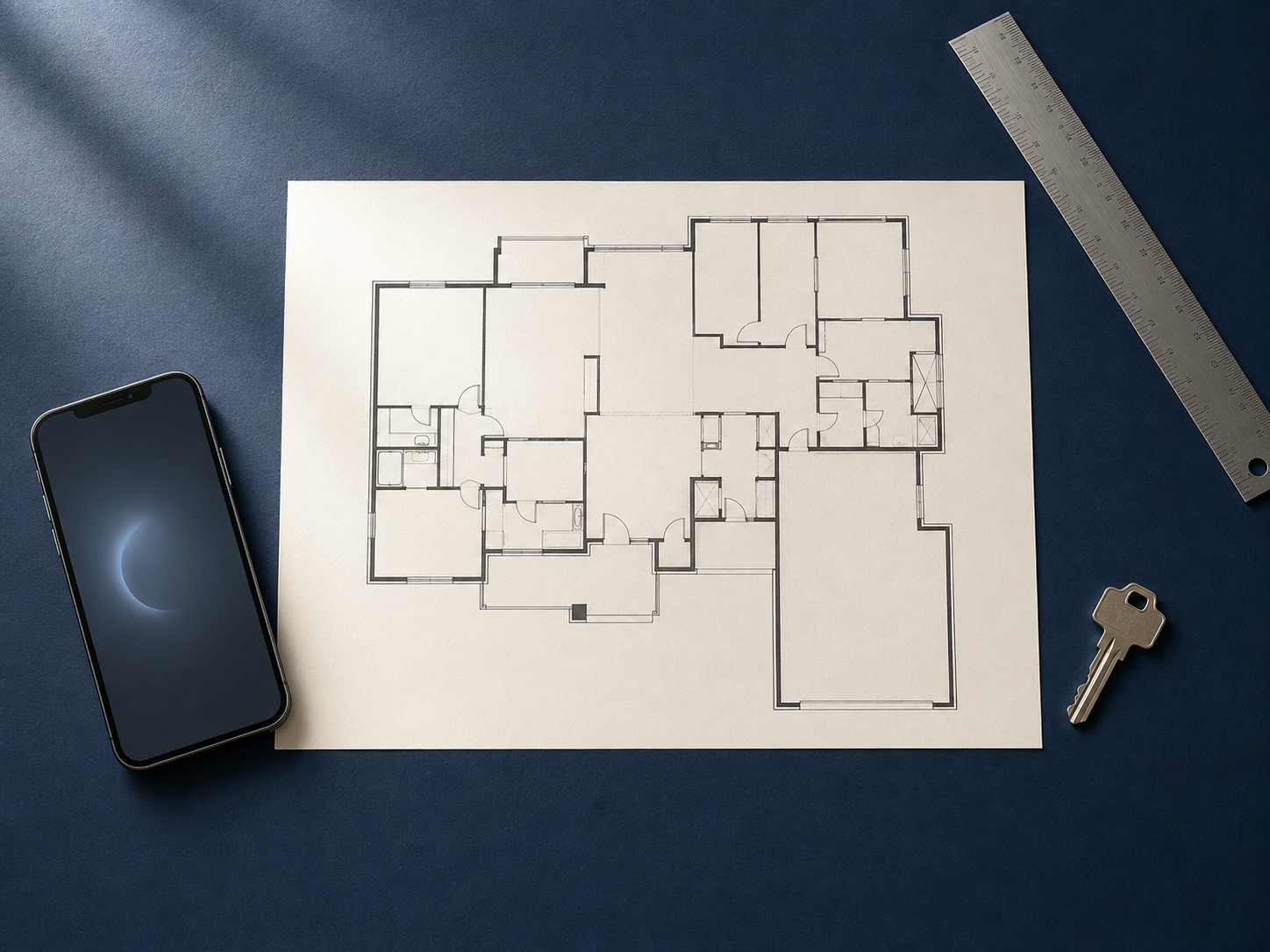 Residential floor plan, smartphone, ruler, and house key arranged on a navy drafting surface